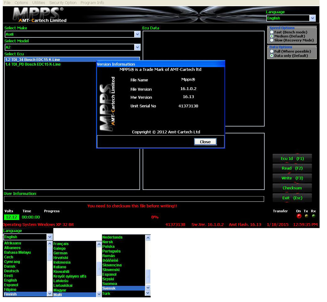 MPPS V16.1.02 Software display
