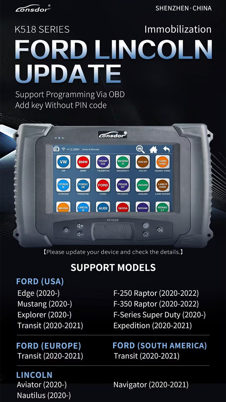 K518 SERIES FORD LINCOLN Update  Support programming Via OBD Add key Without PIN code