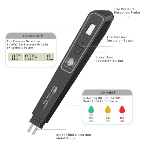 Brake Fluid Liquid Tester Pen & Tire Pressure Tester 2 in 1 LED Universal Detector Automotive Diagnostic Testing Tool