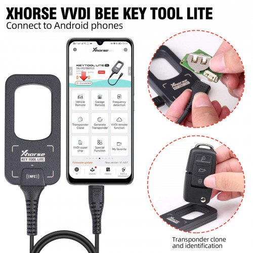 [In Stock] 2023 Xhorse VVDI BEE Key Tool Lite Frequency Detection Transponder Clone Work on Android Phone Get Free 6pcs XKB501EN Remotes