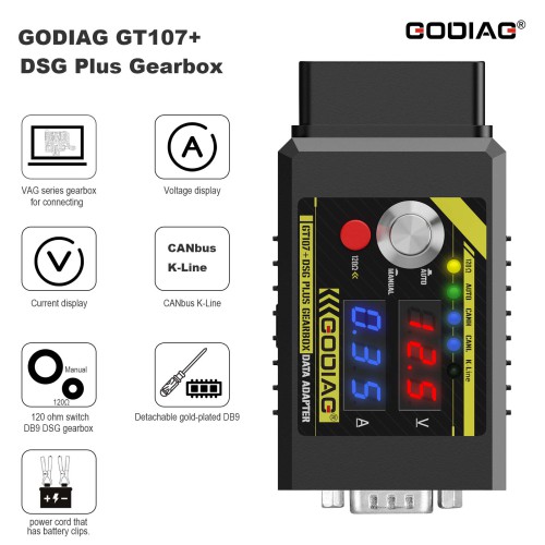 Newest GODIAG GT107+ DSG Plus Gearbox Data Adapter with Voltage Current Display For DQ250 DQ200 VL381 VL300 DQ500 DL501 Benz BMW