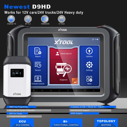 XTOOL D9HD Truck and Car diagnostic tool 12V to 24V 42+Special Functions Topology Mapping for Diesel/gasoline Replace PS90 PRO