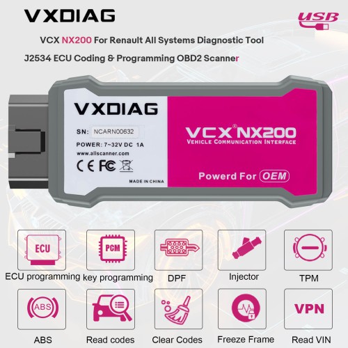 [EU Ship] VXDIAG VCX NX200 For Renault All Systems Diagnostic Tool J2534 ECU Coding & Programming OBD2 Scanner
