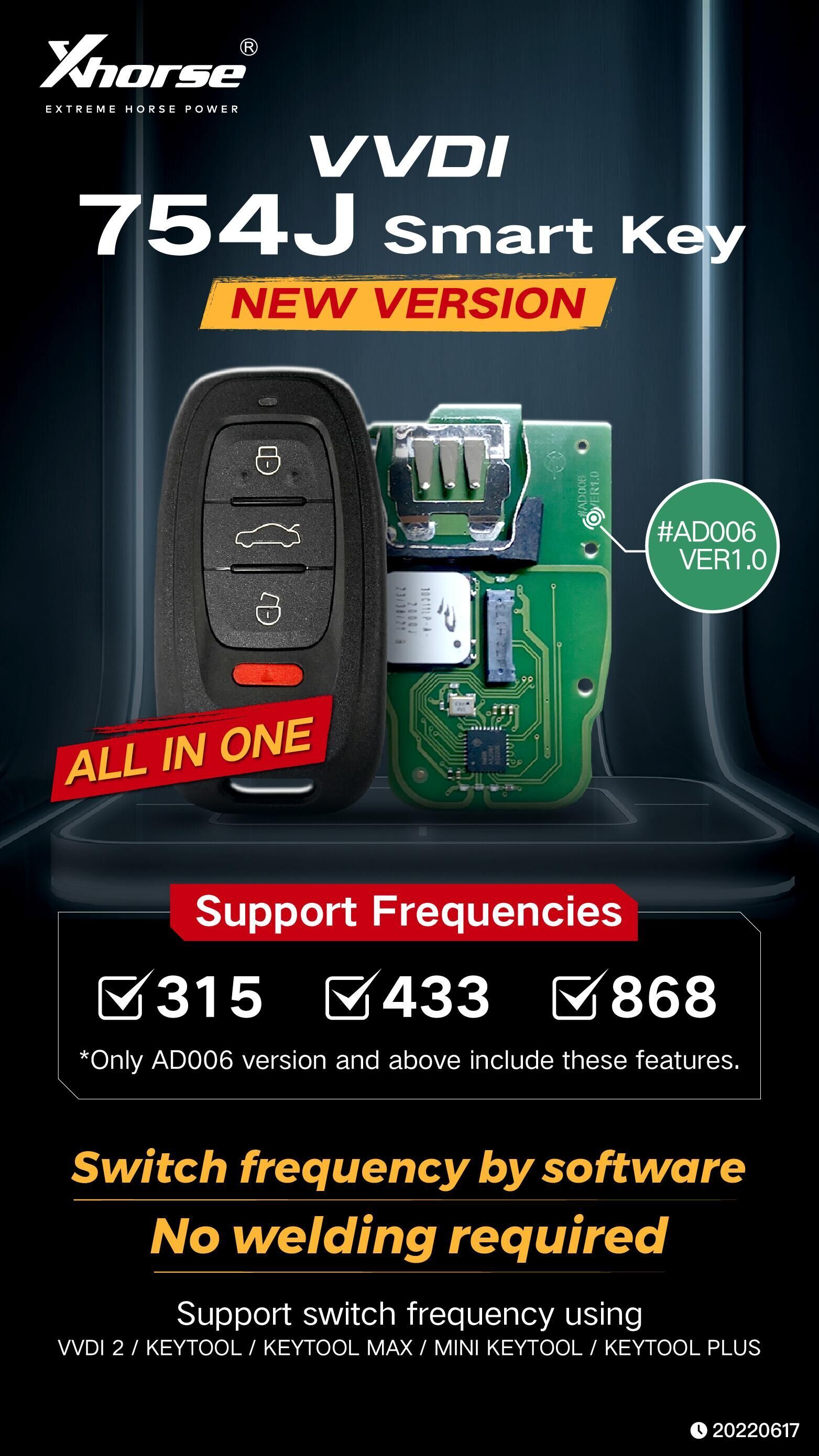 Xhorse XSADJ1GL VVDI 754J Smart Key for Audi 315/433/868MHZ 