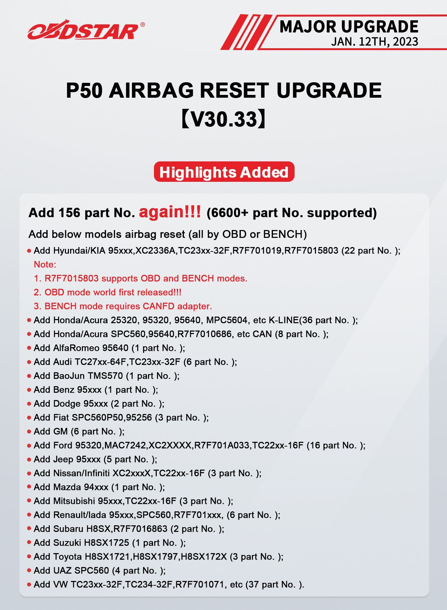 OBDSTAR P50 Airbag Reset Tool Update