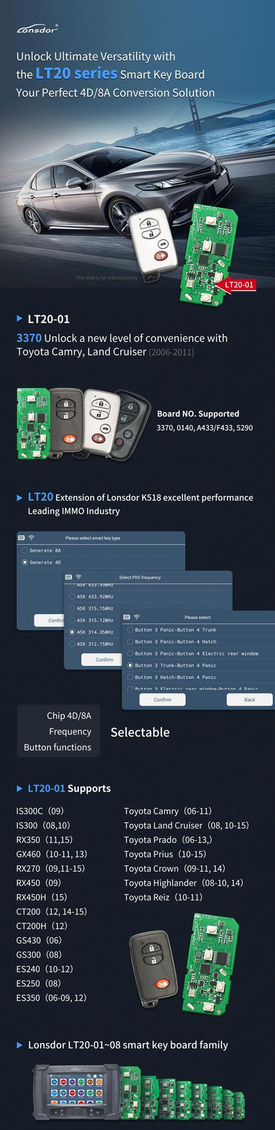 Lonsdor LT20-01J0 8A+4D Universal Smart Remote PCB 40 / 80 Bit for Toyota Lexus 4 Buttons 433 / 315 MHz work for K518/ KH100+ Series