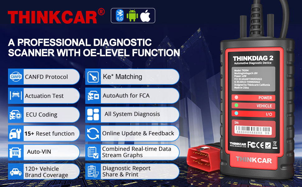 THINKCAR Thinkdiag2 All System Bidirectional Diagnostic Scanner for iOS & Android with CAN-FD Protocol